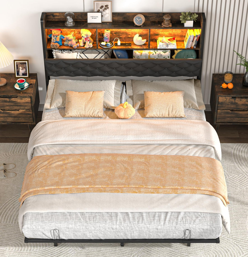 Queen Size Metal Platform Bed with Storage Bookcase Headboard H336376