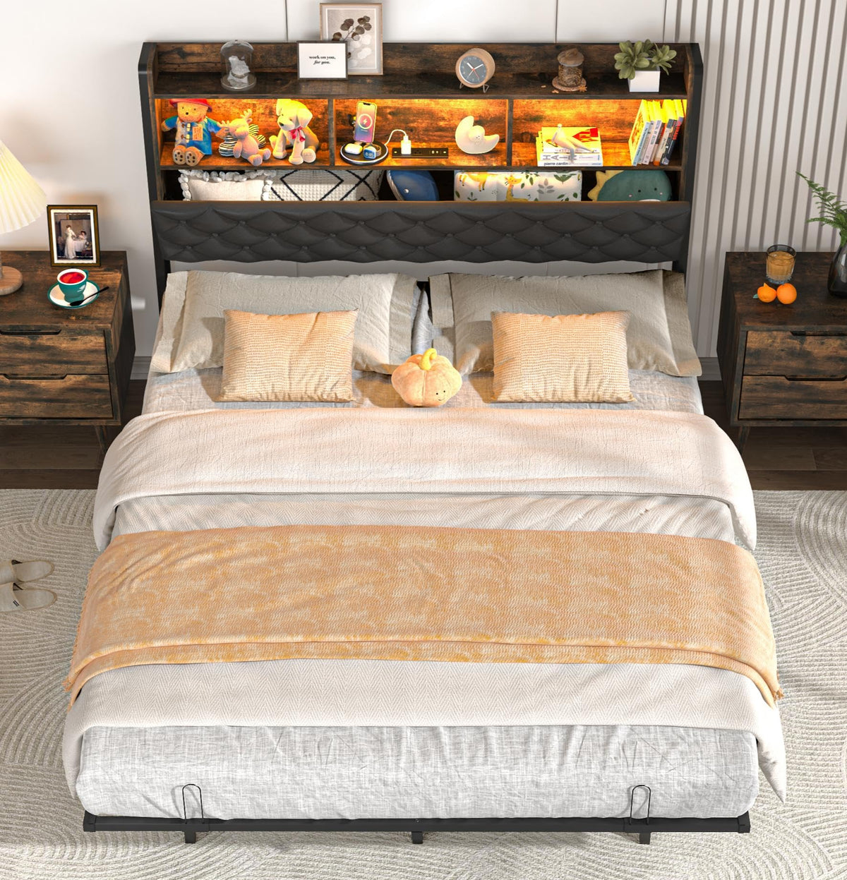 Queen Size Metal Platform Bed with Storage Bookcase Headboard H336376