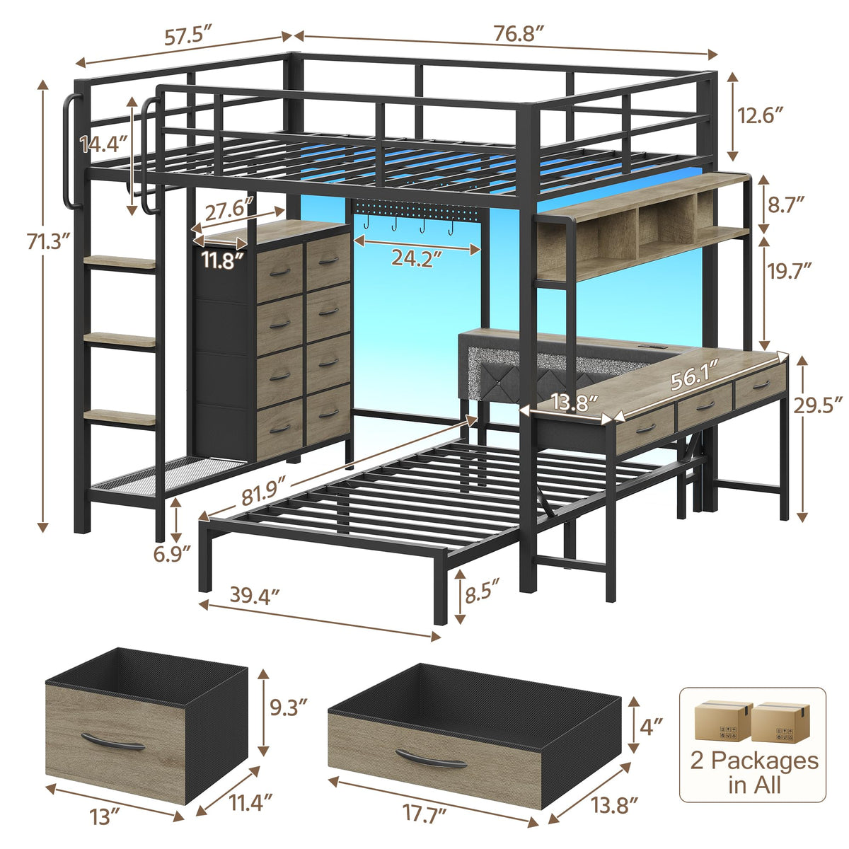 Oak Gray Full Over Twin Bunk Bed with Desk and Drawers D779145