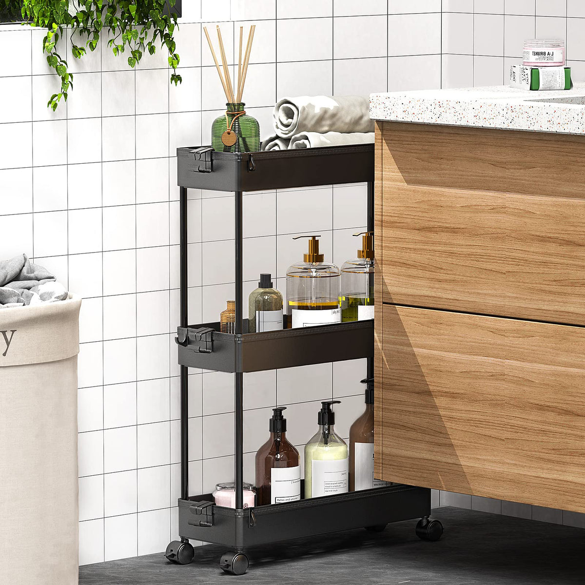 Black 3 Tier Slim Rolling Storage Cart F891162