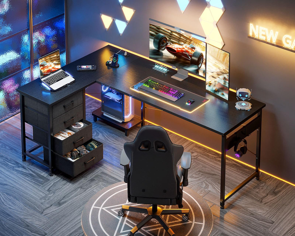 61" L Shaped Gaming Desk with 4 Drawers and Power Outlets, Black T475654