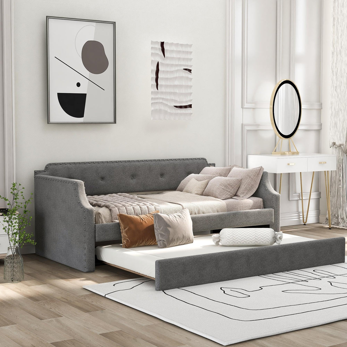 Gray Linen Upholstered Twin Daybed with Trundle X29106