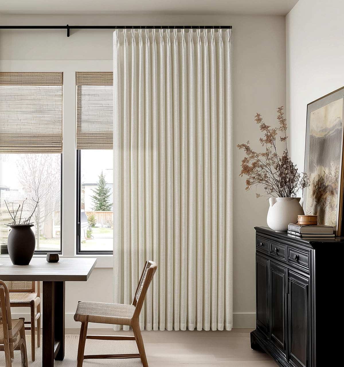 Beige Linen Pleated Light Filtering Curtains B2485