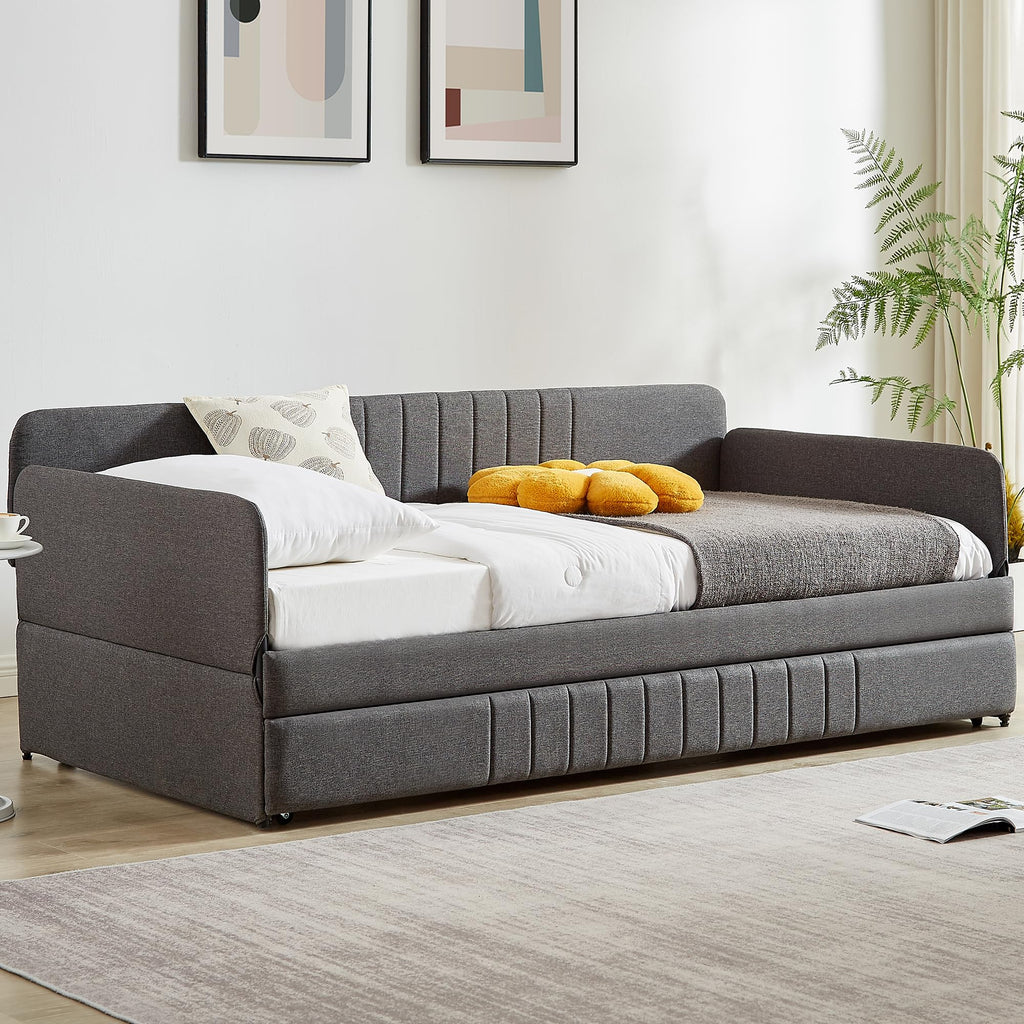 Twin Size Gray Linen Upholstered Daybed with Trundle B200