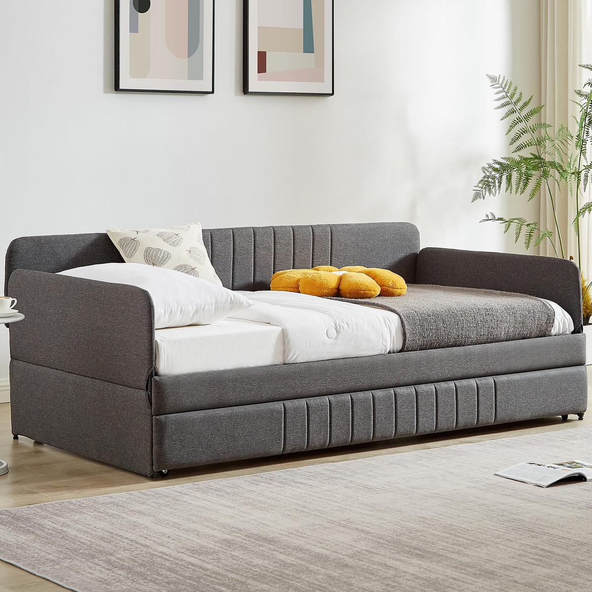 Twin Size Gray Linen Upholstered Daybed with Trundle B200