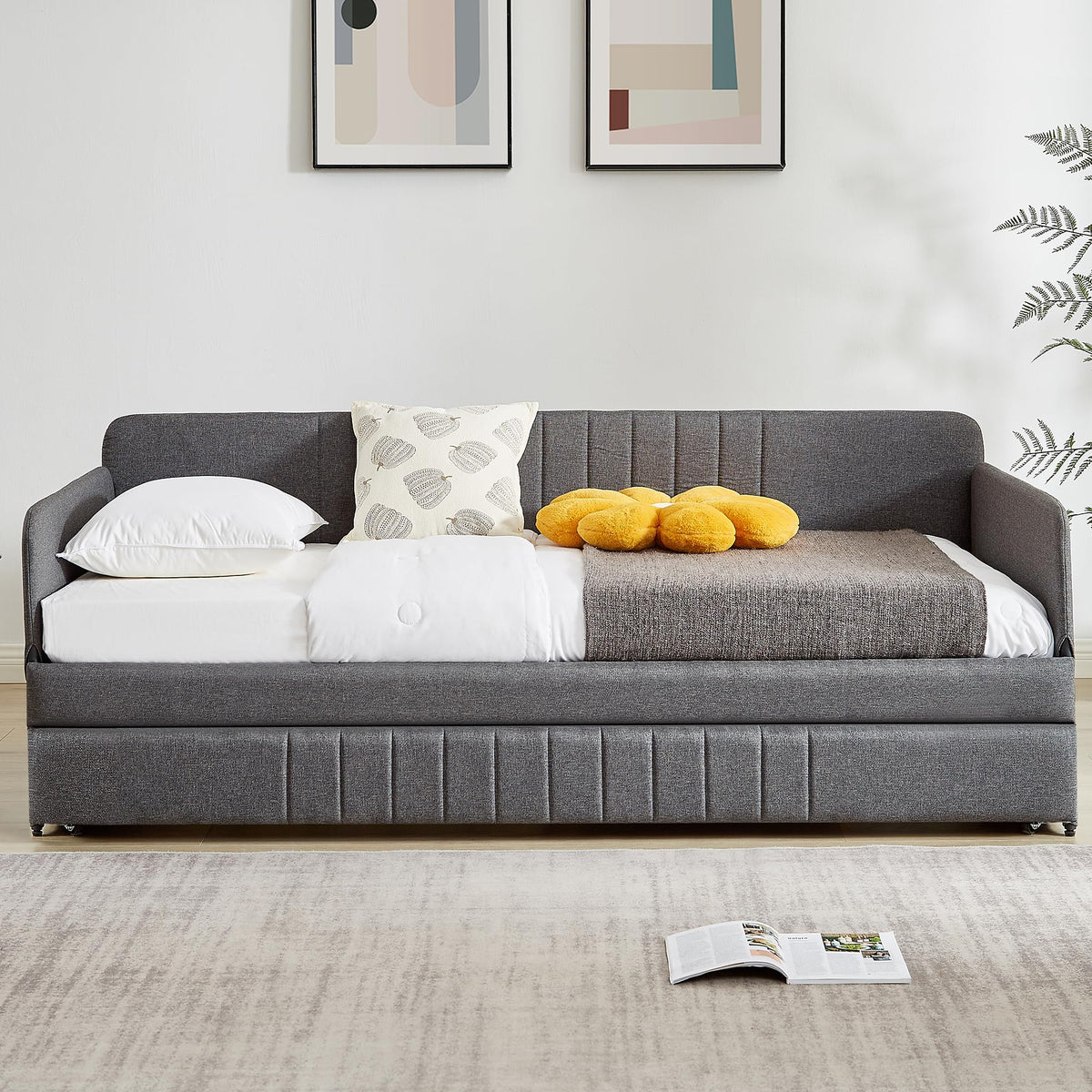 Twin Size Gray Linen Upholstered Daybed with Trundle B200