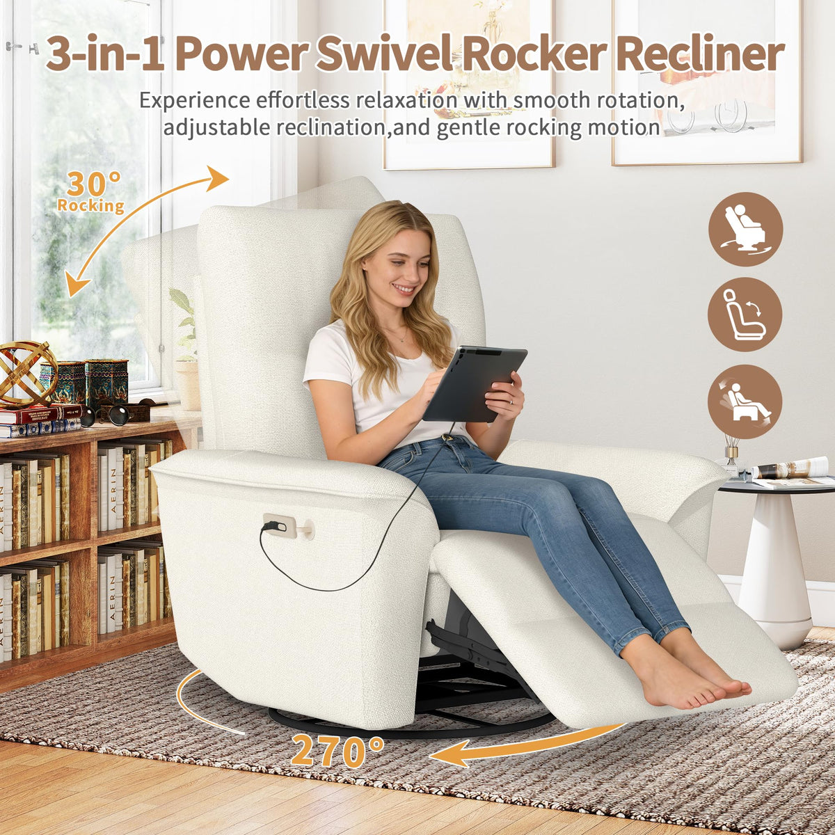 Power Swivel Rocker Recliner Chair with Phone Holder and USB Ports V338
