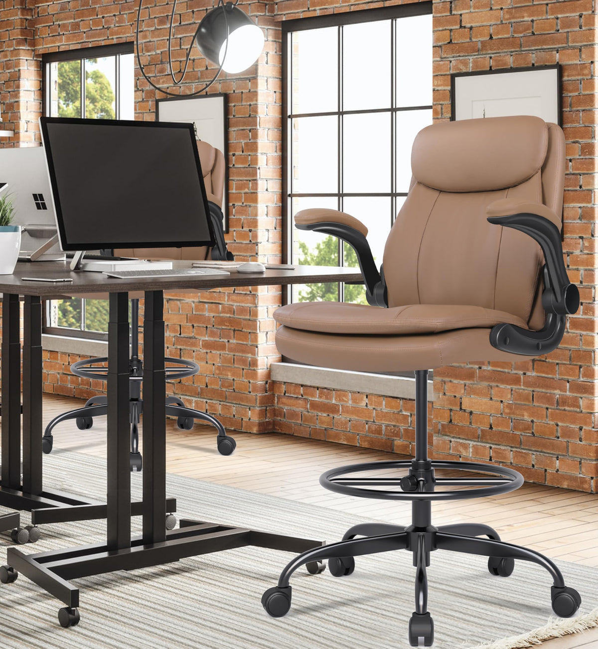 Leather Drafting Chair with Adjustable Height and Flip-up Armrest L330353