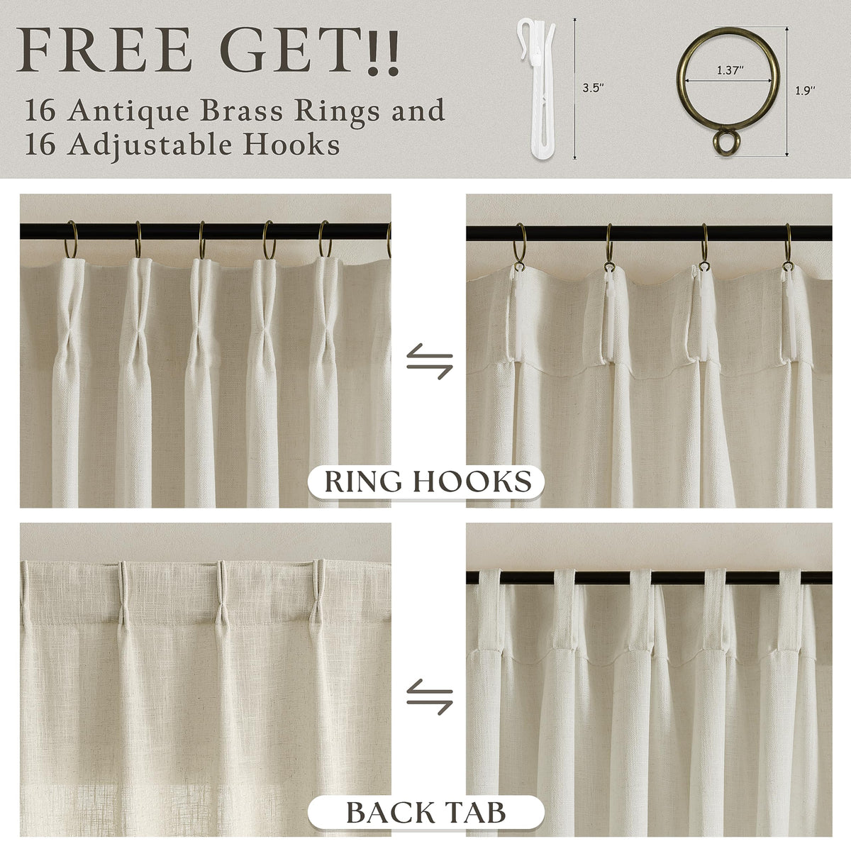 Beige Linen Pleated Light Filtering Curtains B2485
