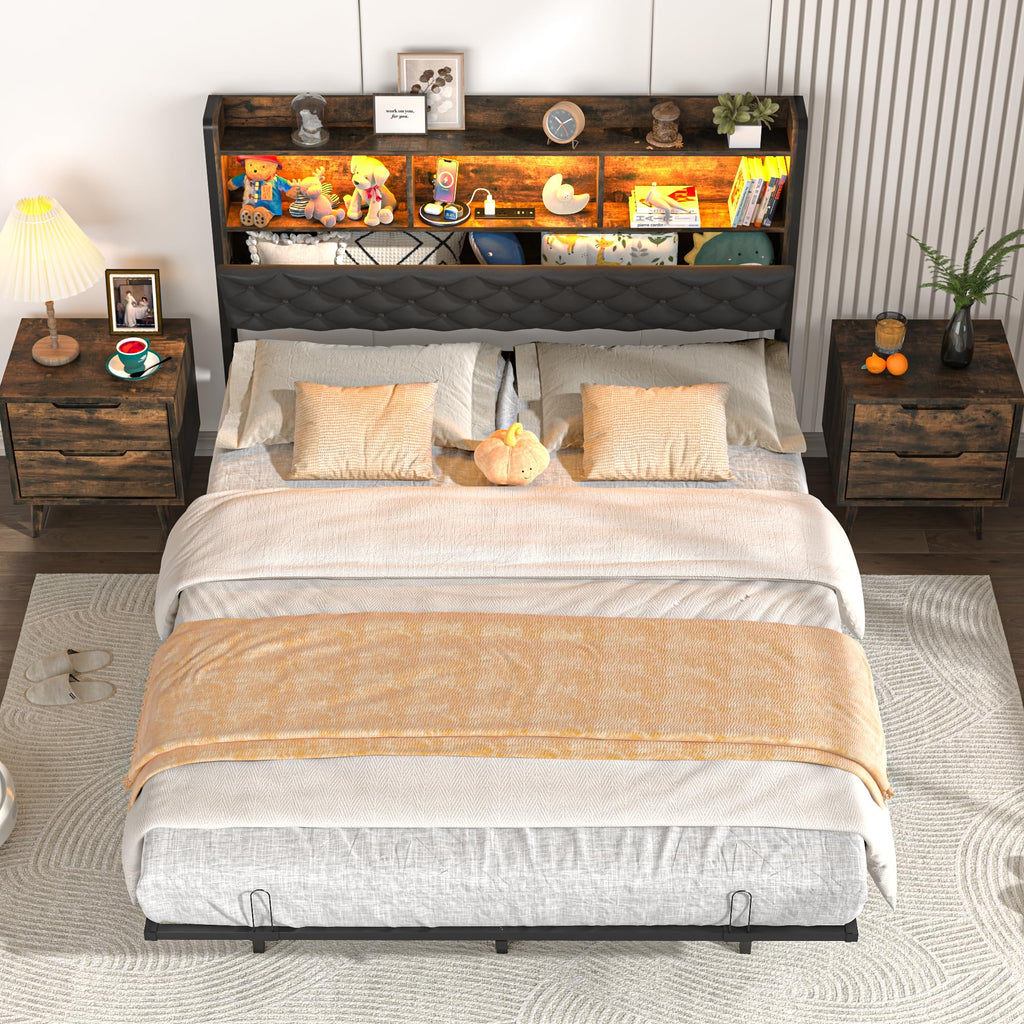 Queen Size Metal Platform Bed with Storage Bookcase Headboard H336376