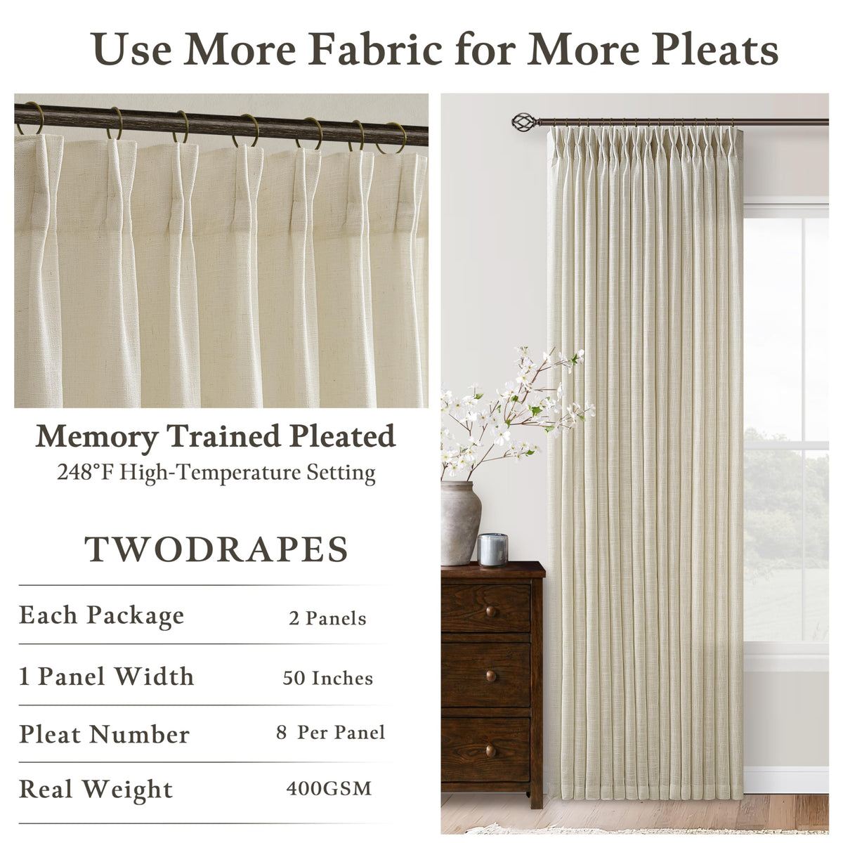 Beige Linen Pleated Light Filtering Curtains B2485