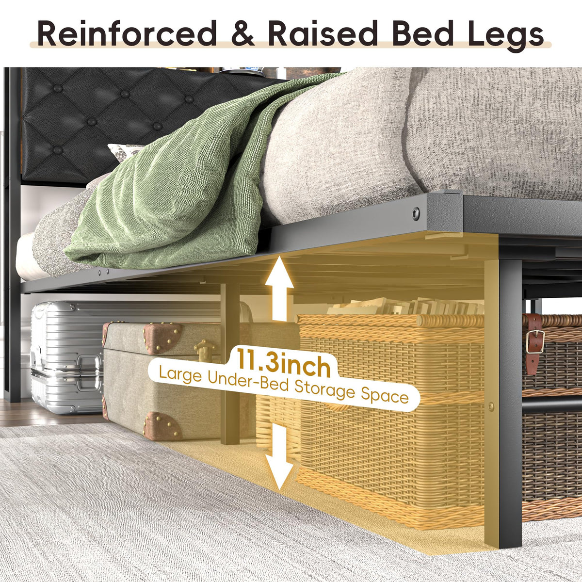 Queen Size Metal Platform Bed with Storage Bookcase Headboard H336376