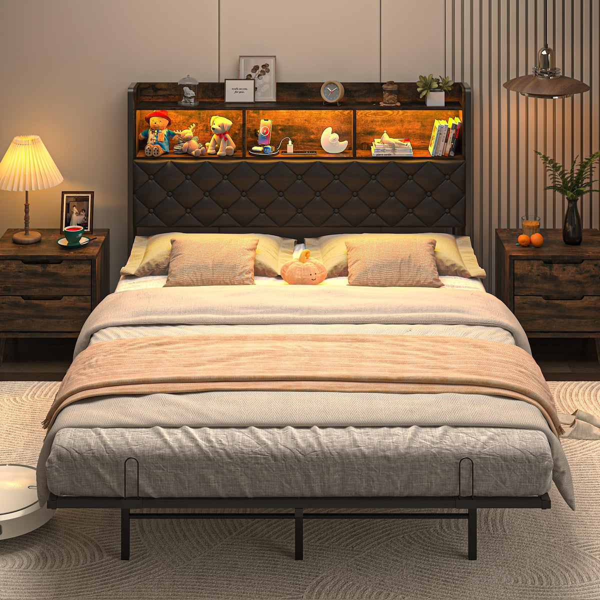 Queen Size Metal Platform Bed with Storage Bookcase Headboard H336376