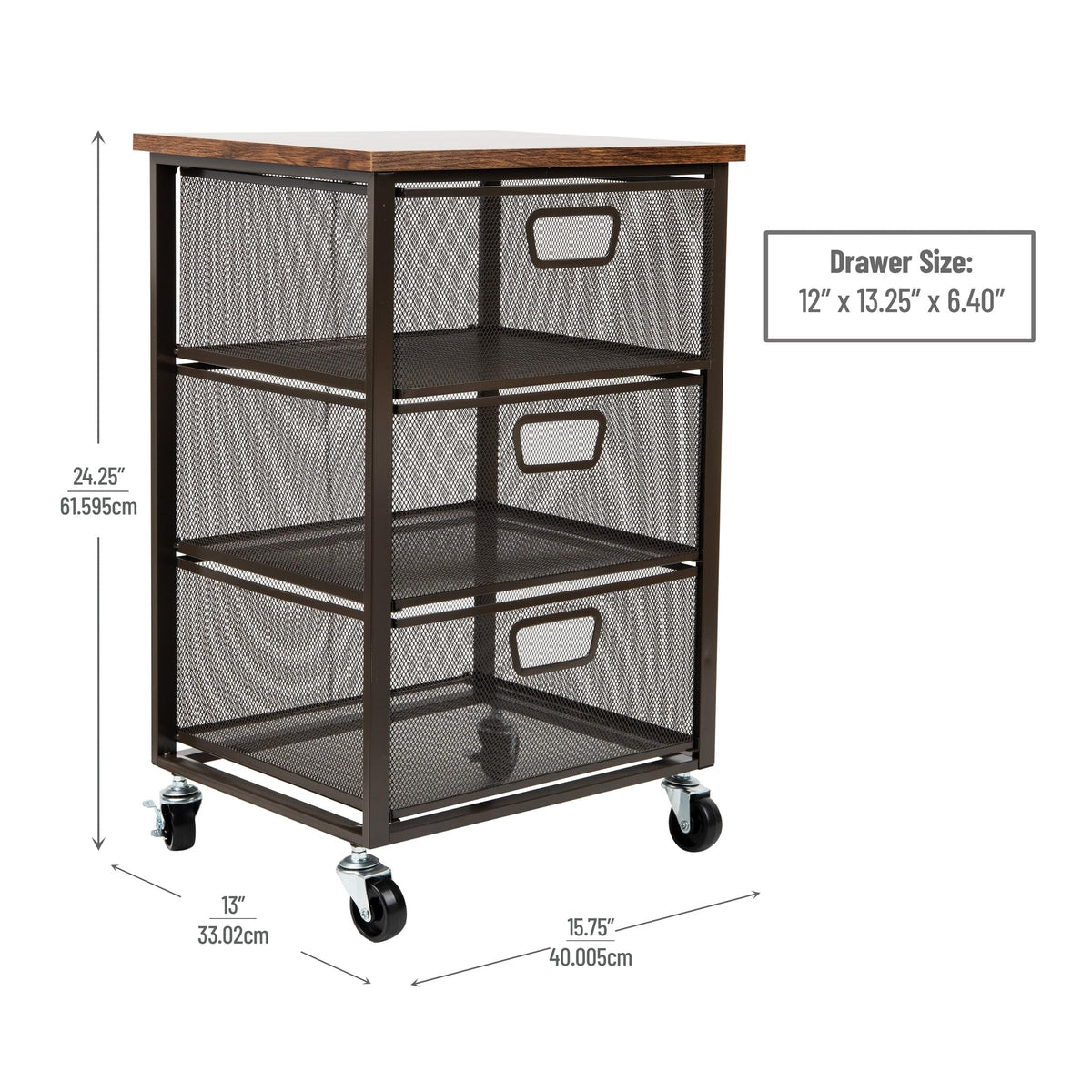 3 Drawer Rolling Storage Organizer with Wood Top T7264