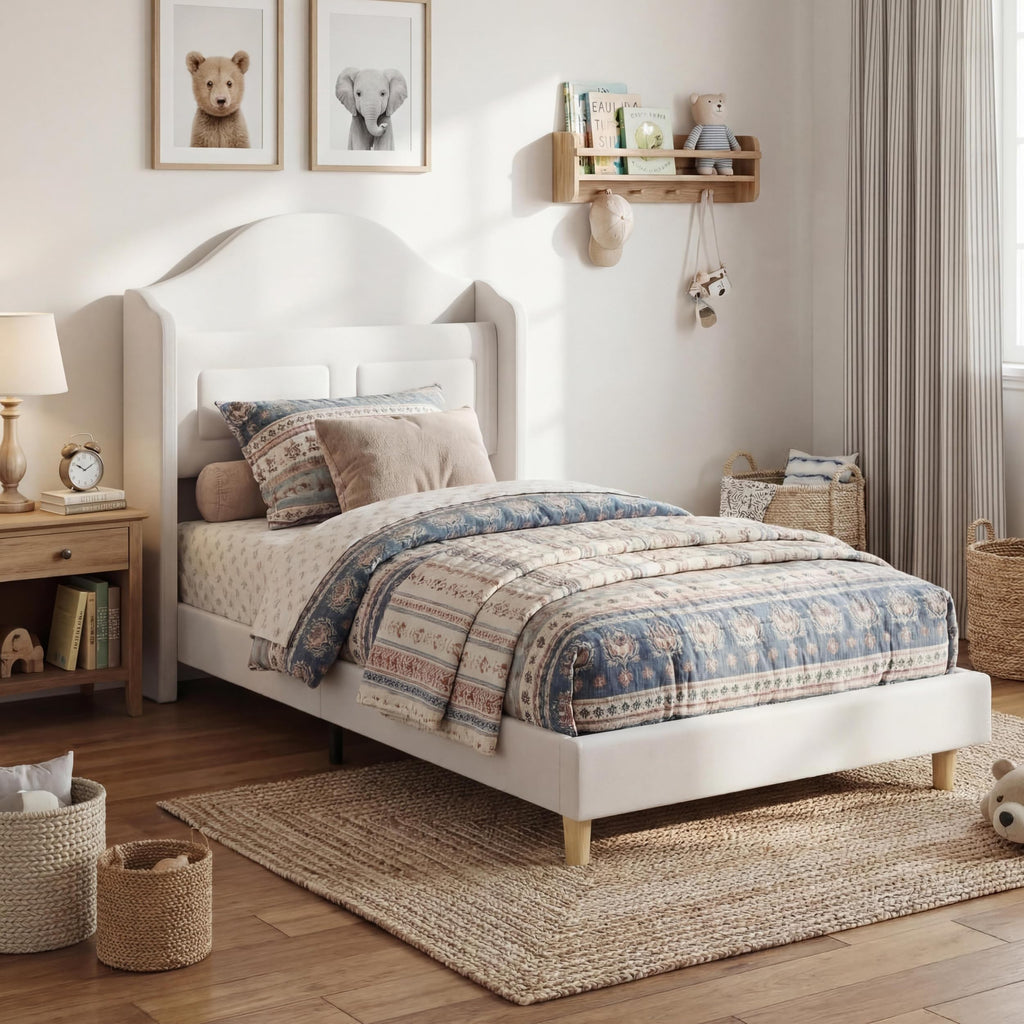 Beige Upholstered Platform Bed with LED Lights C582