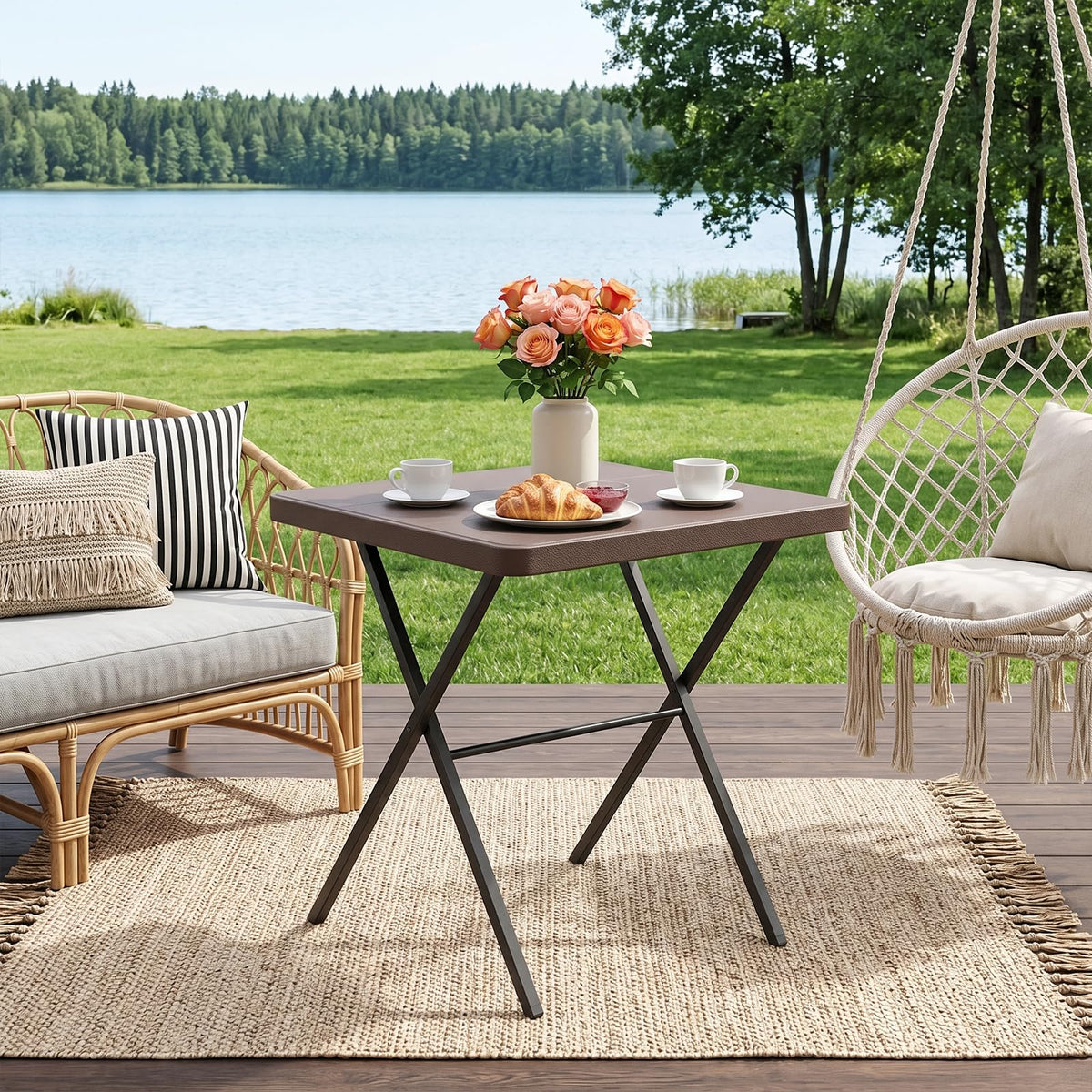 Folding Table, Portable Coffee Table 27in Square Table for Small Spaces, Patio Card Table Foldable Picnic Table with 400 LBS Capacity for Indoor Outdoor Use, Brown J36662