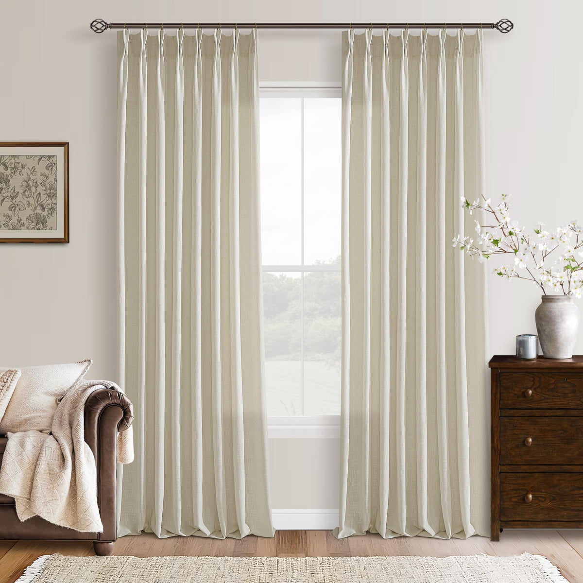 Beige Linen Pleated Light Filtering Curtains B2485