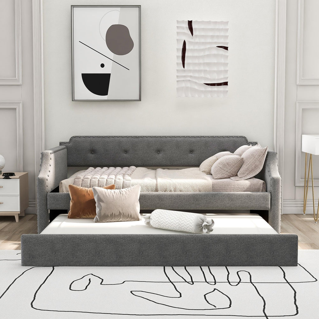 Gray Linen Upholstered Twin Daybed with Trundle X29106