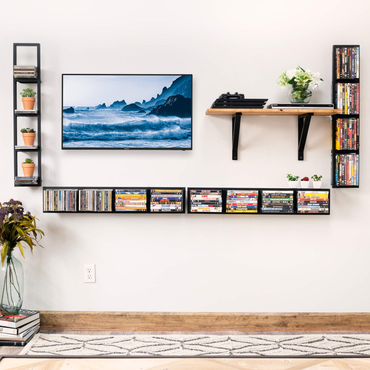 34 Inch Media Storage Rack Organizer Metal Floating Shelf Set of 2 Black T440