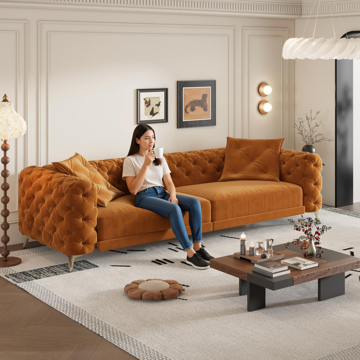 King Velvet Pull Out Sleeper Sofa with Ottoman H6843